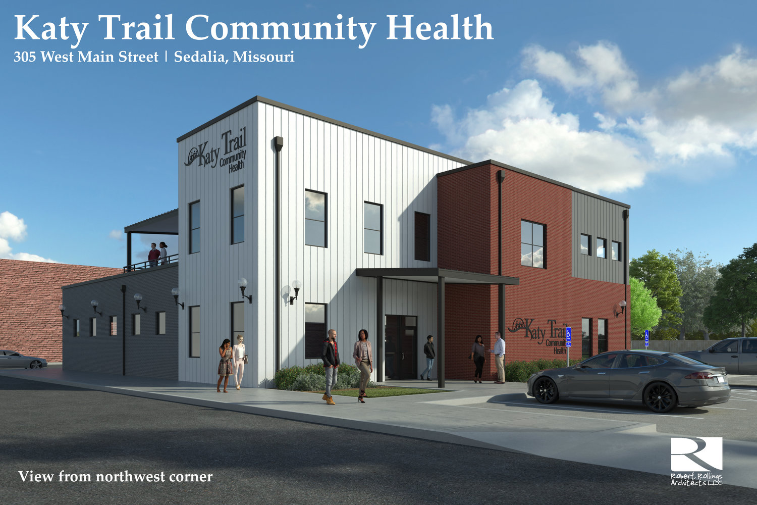 An architect’s rendering shows the second Sedalia site for Katy Trail Community Health at 305 W. Main St. from its northwest corner. The site is being constructed by Preferred Construction in conjunction with Rob Rollings Architects and is on track to be complete by late August or early September.