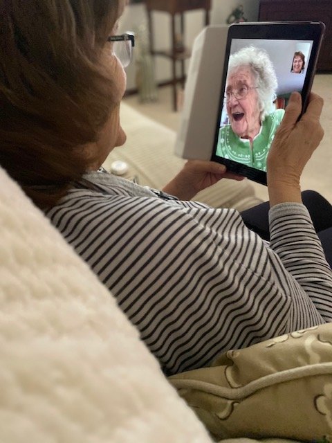 Linda Gibbs, left, stays connected with her mother, Dorothy Ream, with weekly FaceTime calls. Gibbs said it’s “not ideal,” but at least “we can see each other’s faces without masks.”