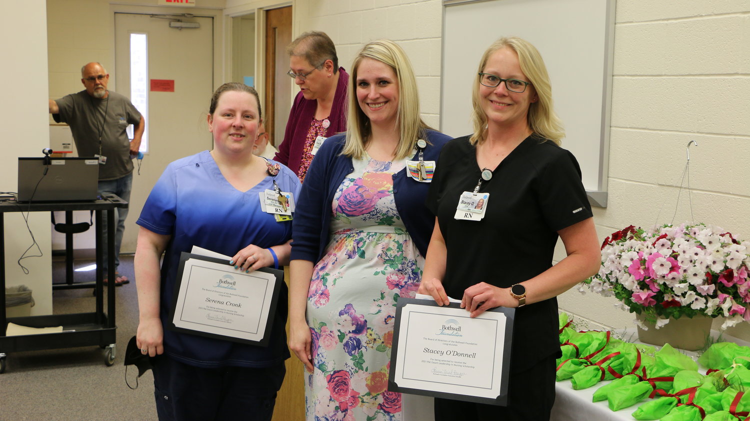 Lauren Thiel-Payne, Bothwell Foundation executive director, center, with Pat Gaunt Nursing Scholarship recipients Serena Cronk, left, and Stacey O’Donnell, right. Recipient Cary Hovendick is not pictured.