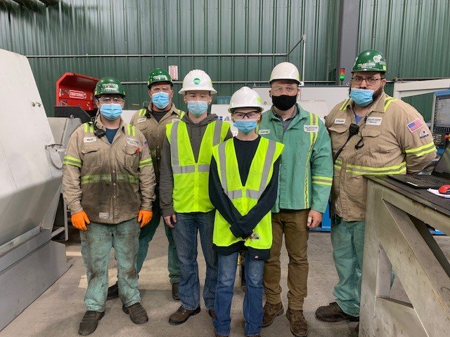 SFCC’s Work Experience Week students and employees at Nucor Steel Sedalia are, from left, Nucor machinists Miles Paulus and Justin Moon, students Shae Childers and Dezirae Knibb, SFCC instructor Justin Wright, and Nucor Roll Shop Lead Steven Thomas.