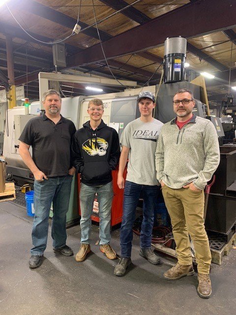SFCC’s Work Experience Week students and employees at Ideal Tool and Manufacturing are, from left, Ideal Tool Production Manager Lewis Martin, students Brett Hockett and John Gallo, SFCC instructor Justin Wright.