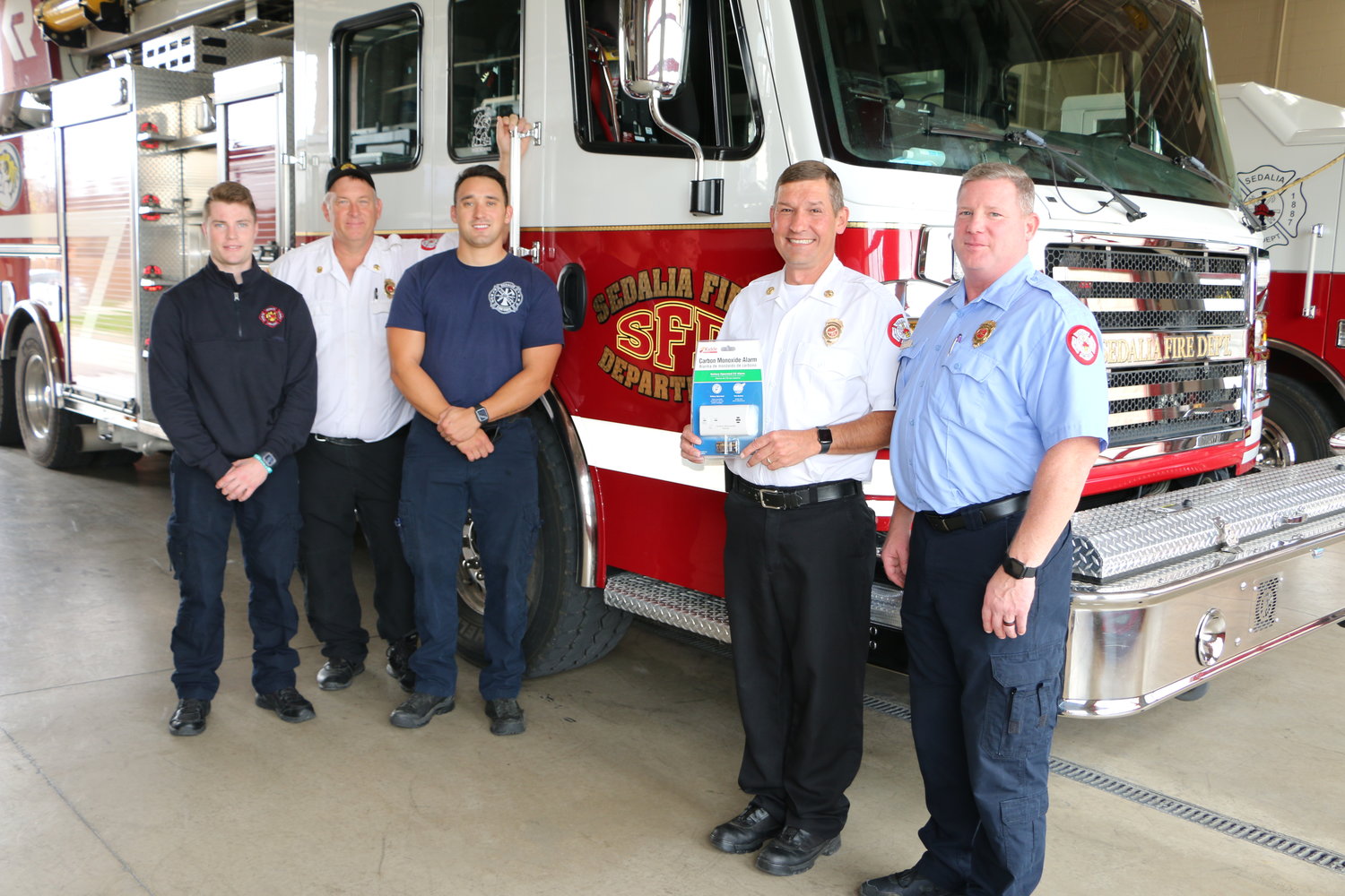 The Sedalia Fire Department has free carbon monoxide alarms available to the public through its fire prevention and education program. Department members also visit schools and businesses to provide education and training. From left, Firefighter Brennan Akeson, Battalion Chief Ken Schlesselman, Firefighter Matt Kowalski, Chief Matt Irwin and Inspector Jamie Volk.