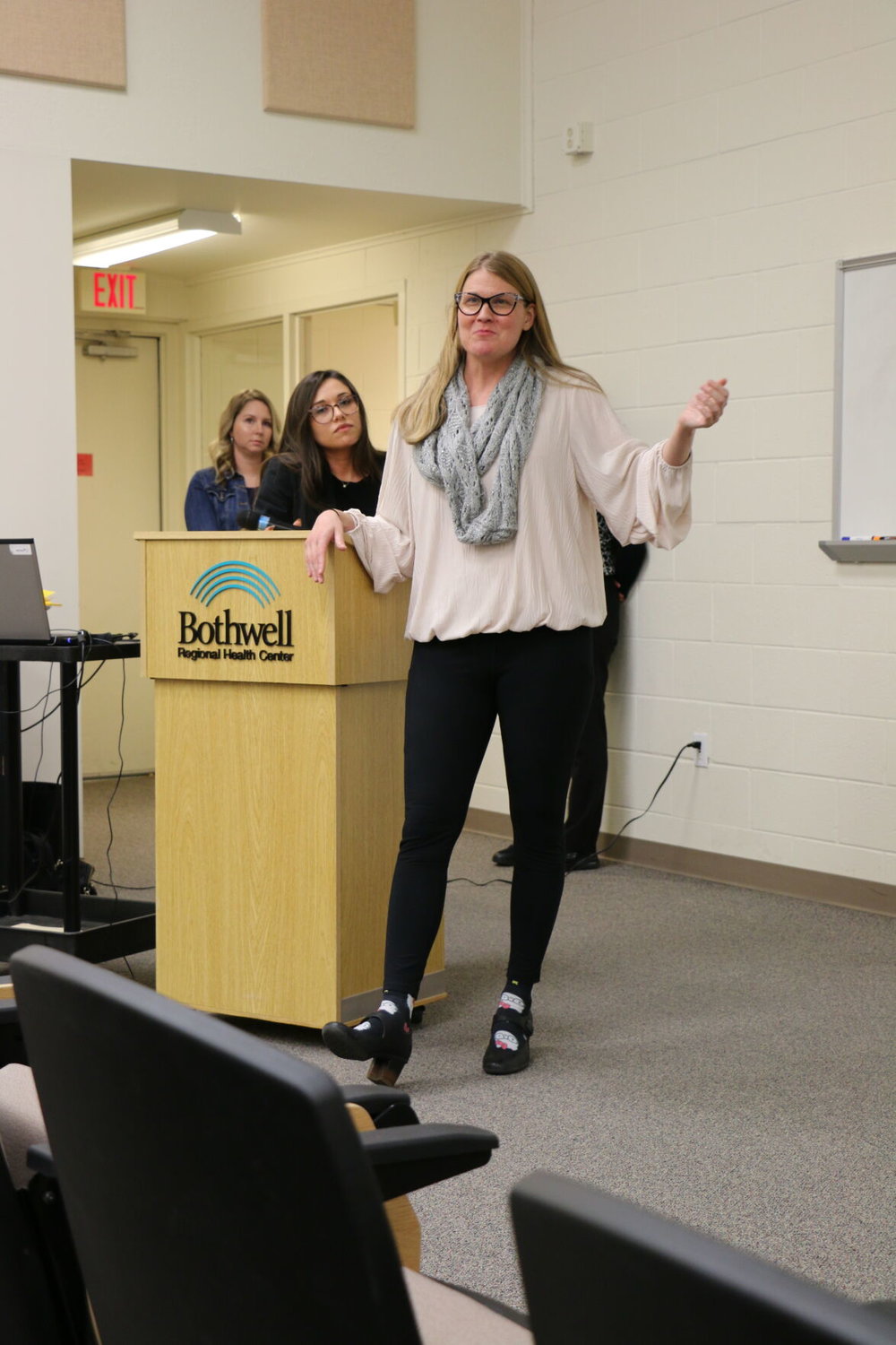 Dr. Robynne Lute, licensed psychologist, front; Carolyn Gibson, doctoral psychology intern, middle; and Sarah Price, Bothwell TLC Pediatrics nurse practitioner, back, shared information about the role of behavioral health consultants embedded in primary care at the Bothwell Foundation’s Community Relations seminar last fall.