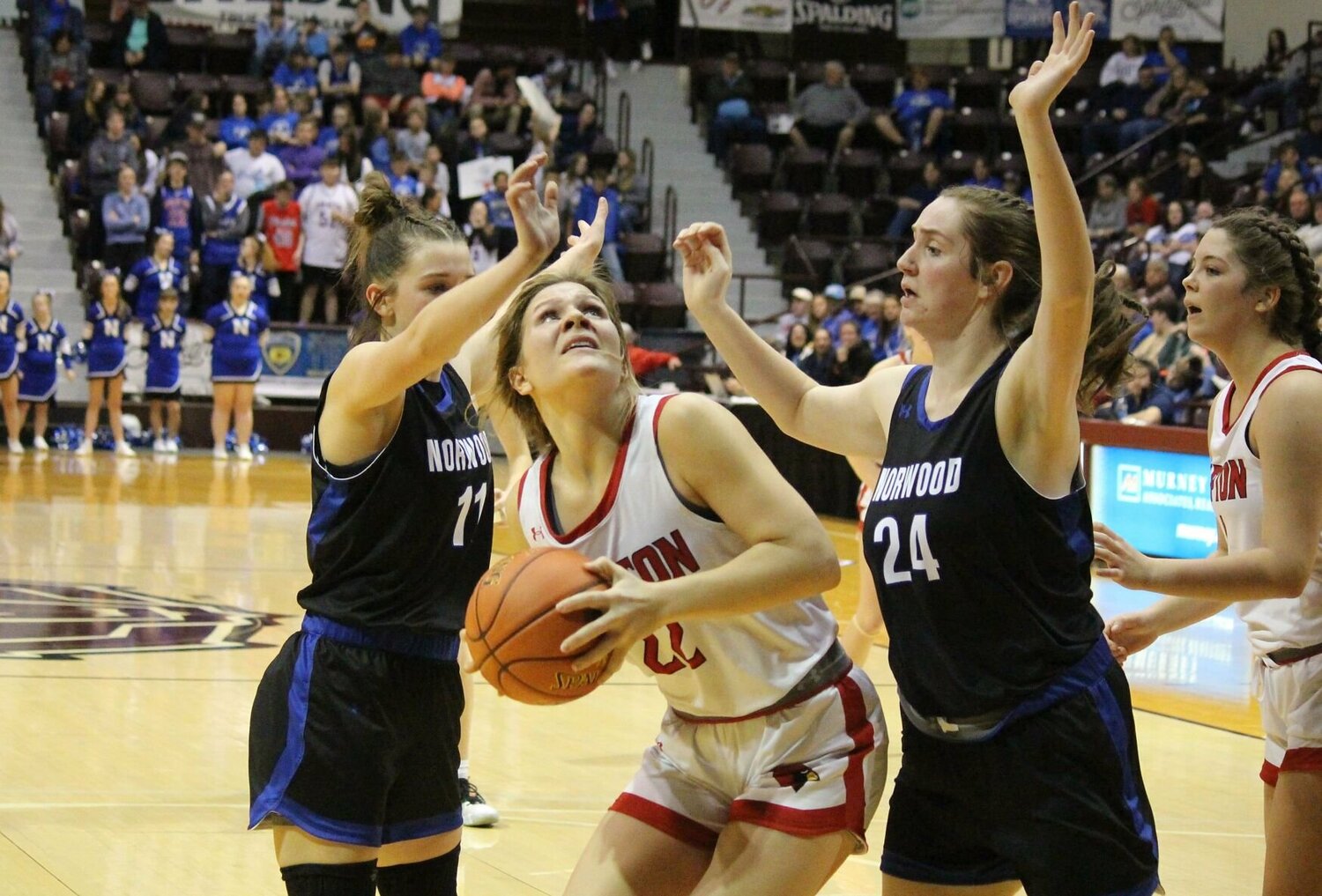 Tipton senior Briar Cox waits for a chance to put up a basket in the paint against Norwood in Friday's Class 2 Girls Basketball state semifinal at Hammons Student Center in Springfield. 
