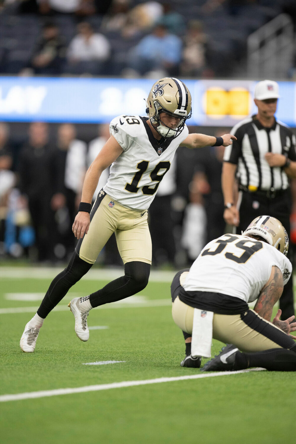 New Orleans Saints place kicker Blake Grupe (19) kicks for a field goal during an NFL preseason football game against the Los Angeles Chargers, Sunday, Aug. 20, 2023, in Inglewood, Calif.


PhotoCredit: Photo by Kyusung Gong | AP Photo