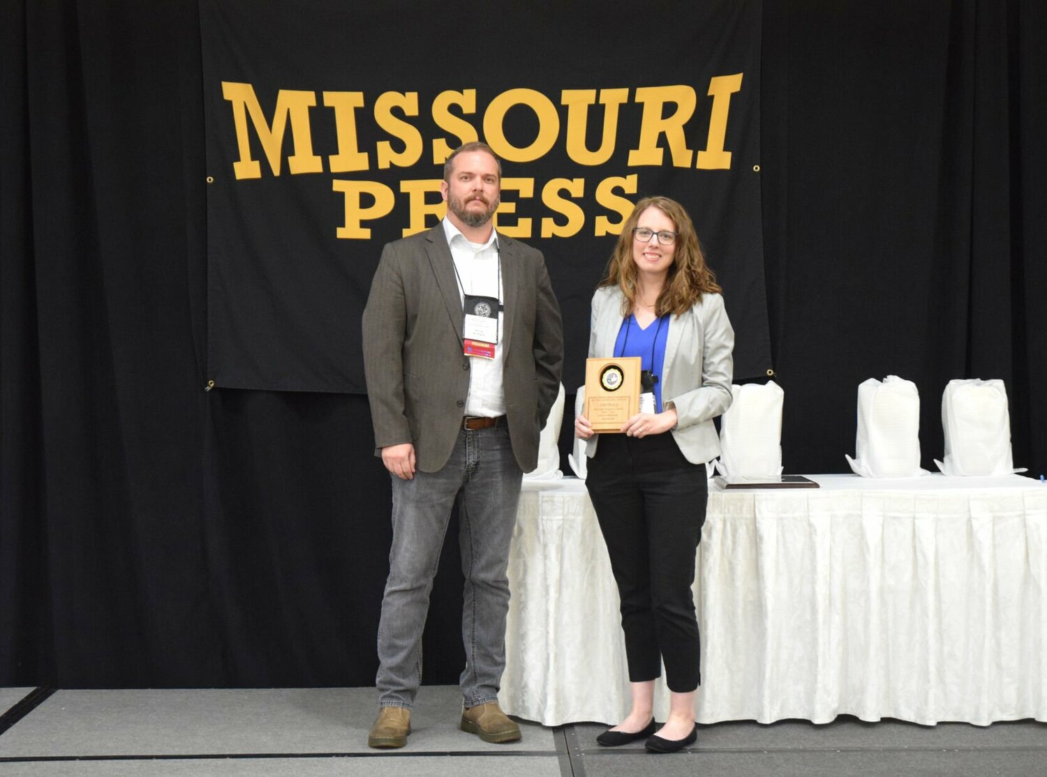 Missouri Press Association President Amos Bridges, left, and Democrat Editor Nicole Cooke pose for a photo during the awards luncheon on Saturday, Sept. 23 at the MPA Convention in St. Louis.


Photo courtesy of the Missouri Press Association.